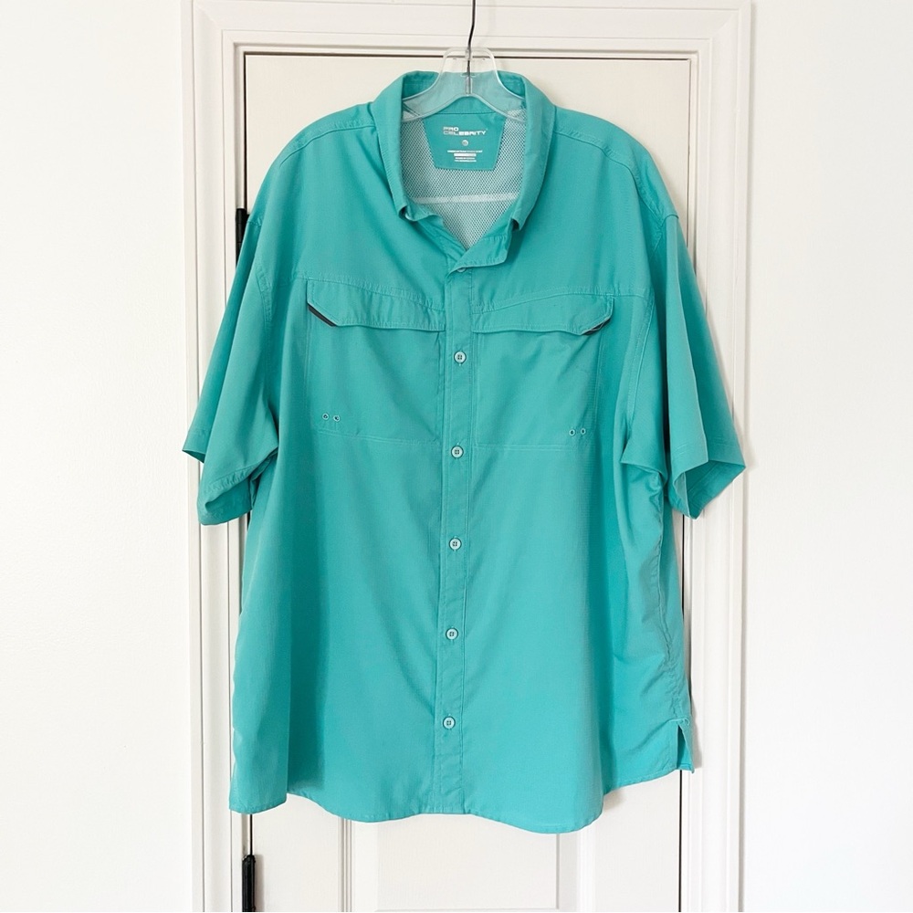 Men's Pro Celebrity Aqua Blue Short Sleeve Button Down Fishing Shirt XL